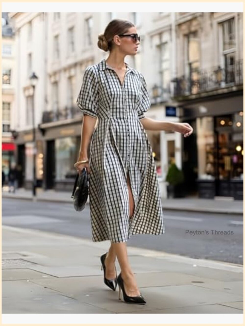 Gingham Puff Sleeve Button Down Midi Dress with Slit Hemline - Picture 4 of 6